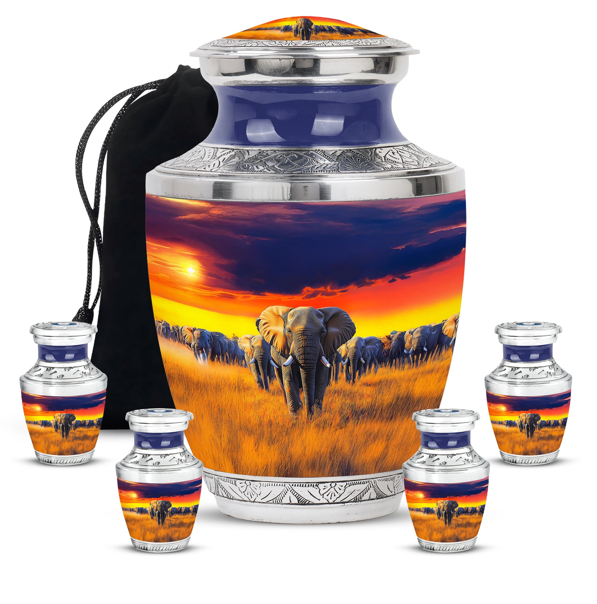Bright Blue Elephant Cremation Urn lifestyle display on memorial shelf - stylized abstract elephant pattern with bold lines - memorial set with one large and four small urns