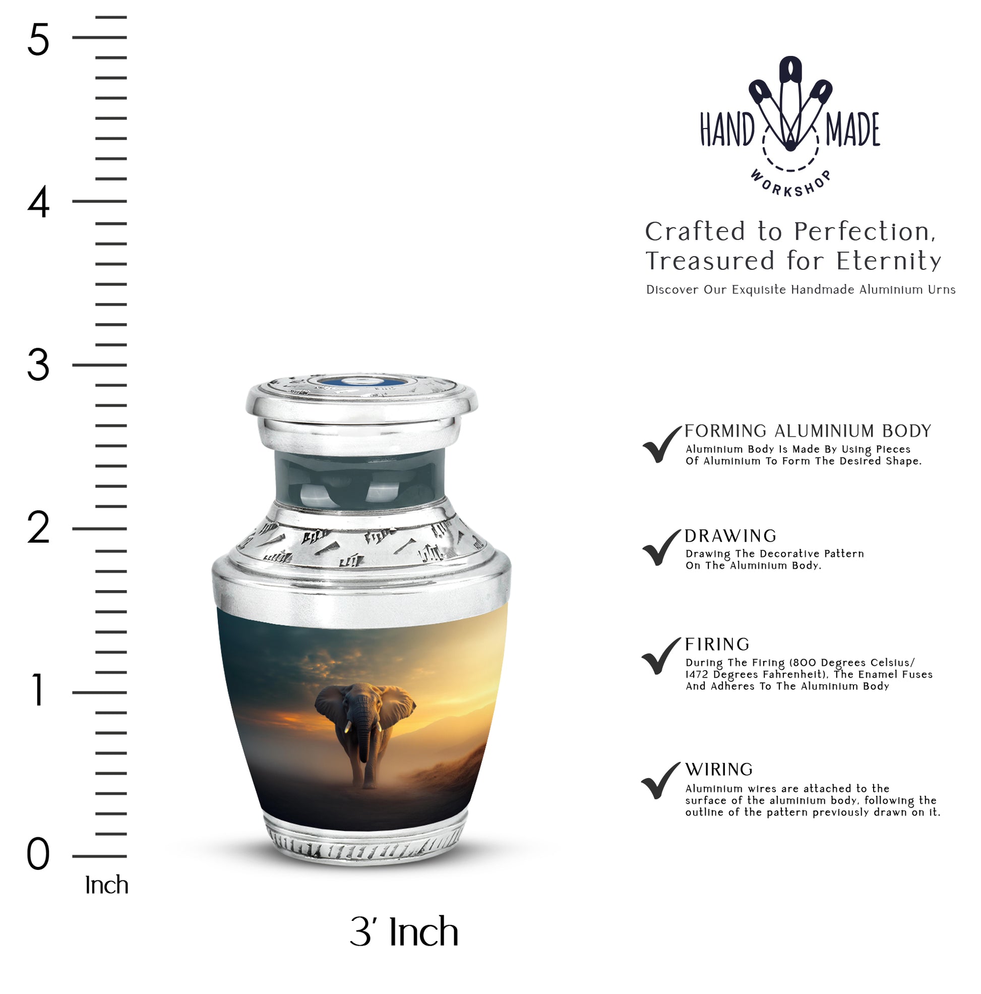 Obsidian Black Elephant Cremation Urn top-down view of secure threaded lid - stylized abstract elephant pattern with bold lines - mini keepsake memorial for portion of cremation ashes