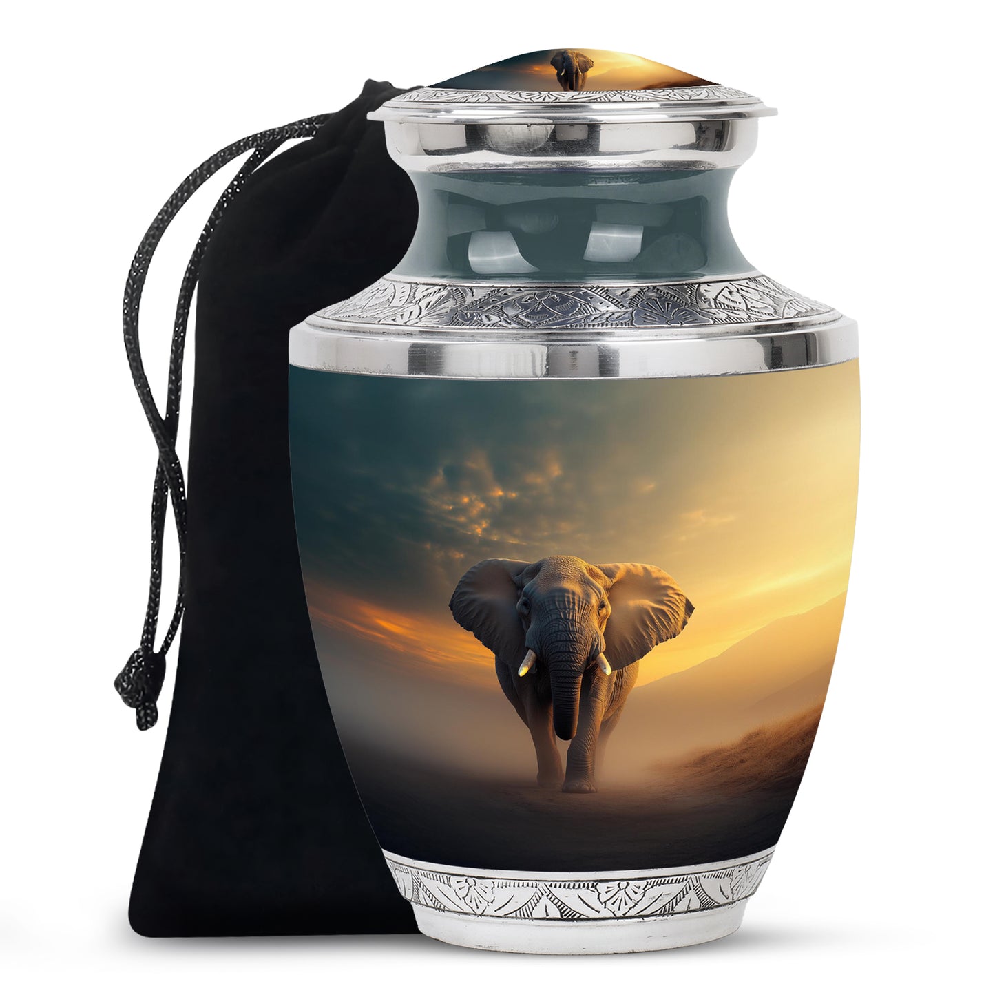 Deep Black Elephant Cremation Urn side profile showing urn shape - contemporary elephant design with modern artistic flair - full-size 10 inch 200 cubic inch adult cremation urn