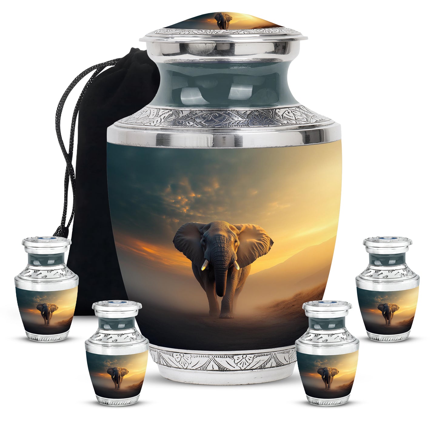 Charcoal Black Elephant Cremation Urn lifestyle display on memorial shelf - stylized abstract elephant pattern with bold lines - memorial set with one large and four small urns