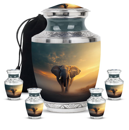 Charcoal Black Elephant Cremation Urn lifestyle display on memorial shelf - stylized abstract elephant pattern with bold lines - memorial set with one large and four small urns