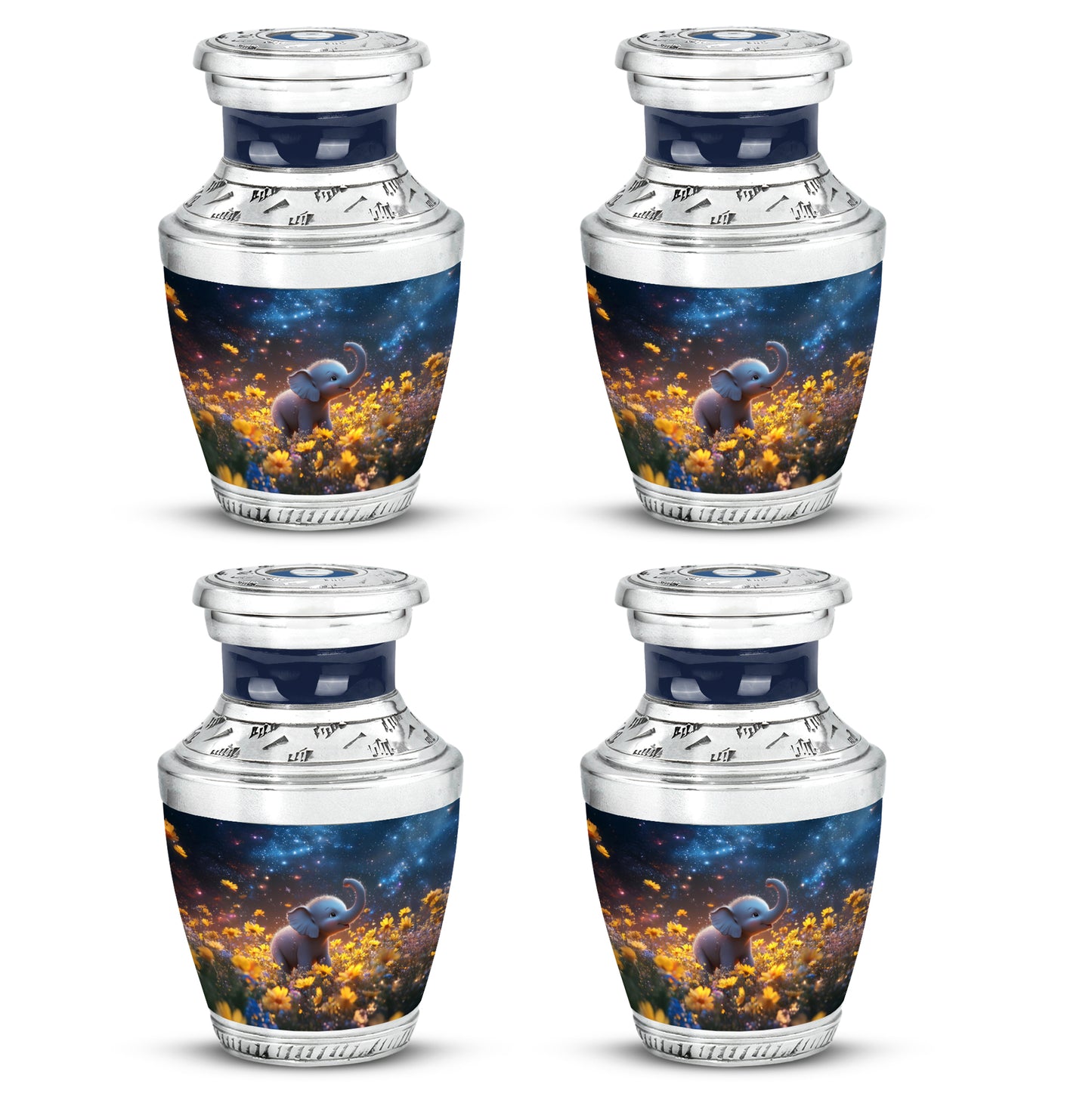 Vivid Blue Elephant Cremation Urn back view with polished surface - stylized abstract elephant pattern with bold lines - 10 inch aluminum urn for cremated remains