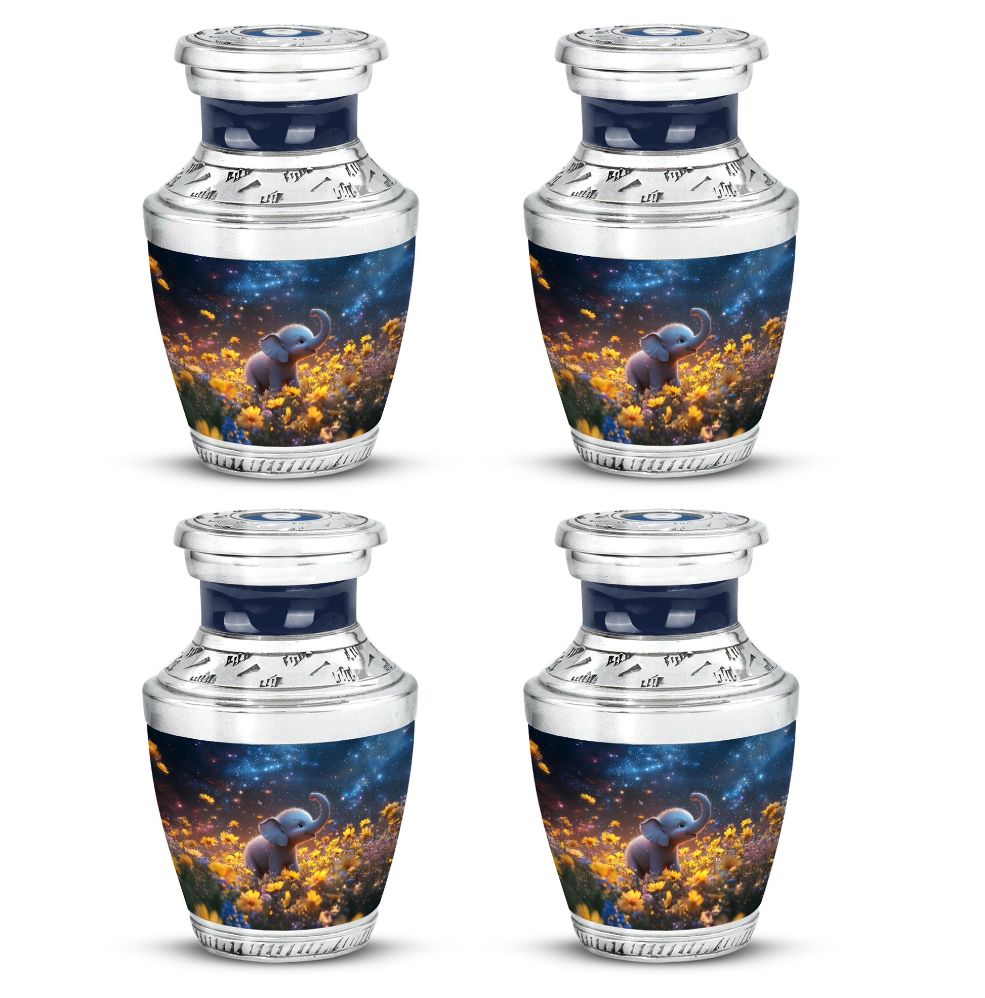 Vivid Blue Elephant Cremation Urn back view with polished surface - stylized abstract elephant pattern with bold lines - 10 inch aluminum urn for cremated remains