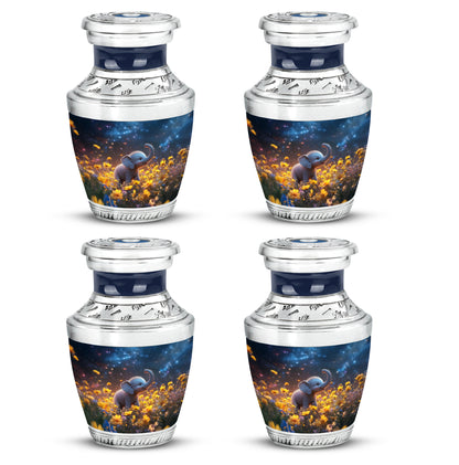 Vivid Blue Elephant Cremation Urn back view with polished surface - stylized abstract elephant pattern with bold lines - 10 inch aluminum urn for cremated remains