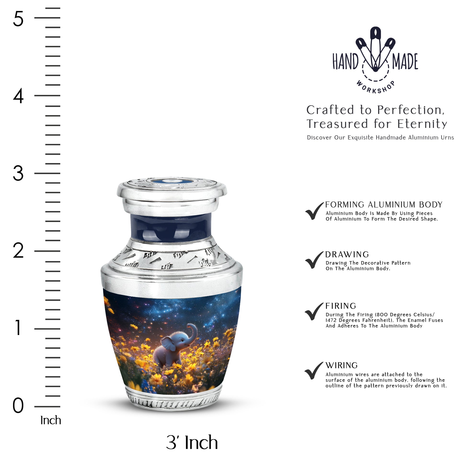Indigo Elephant Cremation Urn top-down view of secure threaded lid - contemporary elephant design with modern artistic flair - mini keepsake memorial for portion of cremation ashes