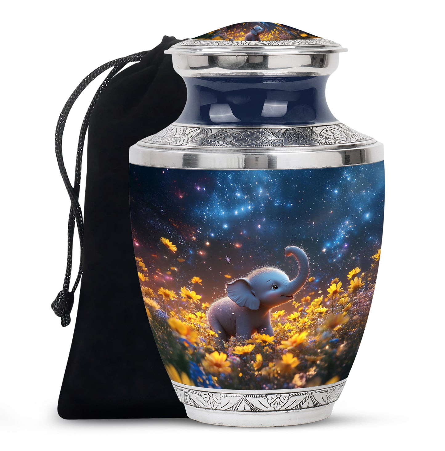 Soft Blue Elephant Cremation Urn side profile showing urn shape - artistic elephant interpretation with creative detail - full-size 10 inch 200 cubic inch adult cremation urn