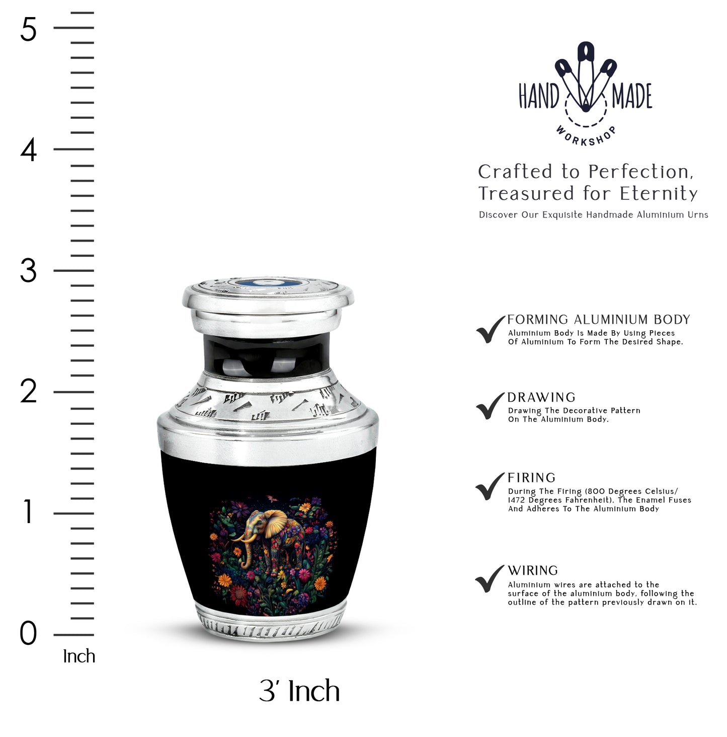 Onyx Black Elephant Cremation Urn top-down view of secure threaded lid - stylized abstract elephant pattern with bold lines - mini keepsake memorial for portion of cremation ashes