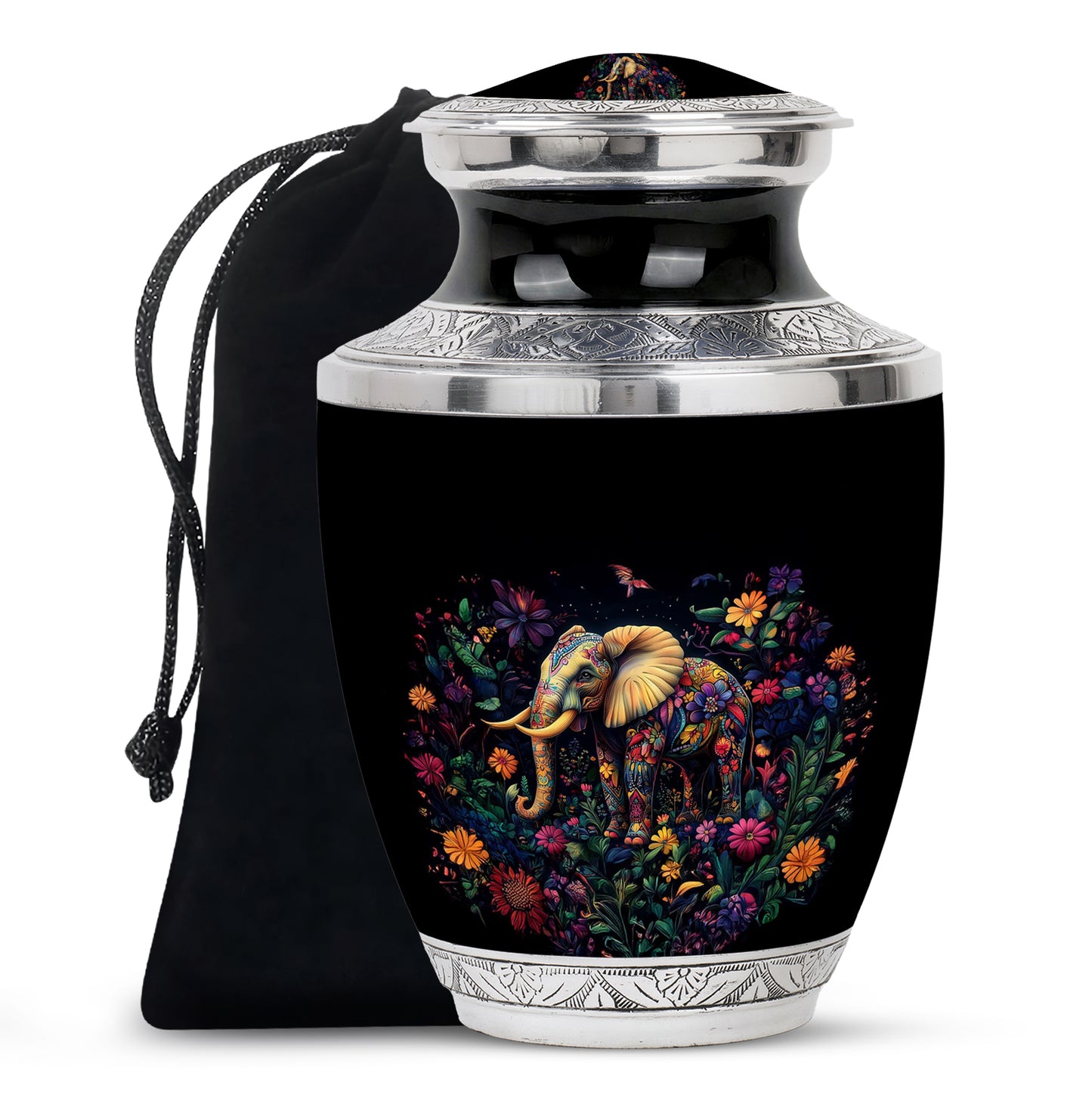 Ebony Elephant Cremation Urn side profile showing urn shape - modern art-inspired elephant motif on sleek aluminum - full-size 10 inch 200 cubic inch adult cremation urn