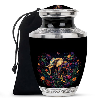 Ebony Elephant Cremation Urn side profile showing urn shape - modern art-inspired elephant motif on sleek aluminum - full-size 10 inch 200 cubic inch adult cremation urn