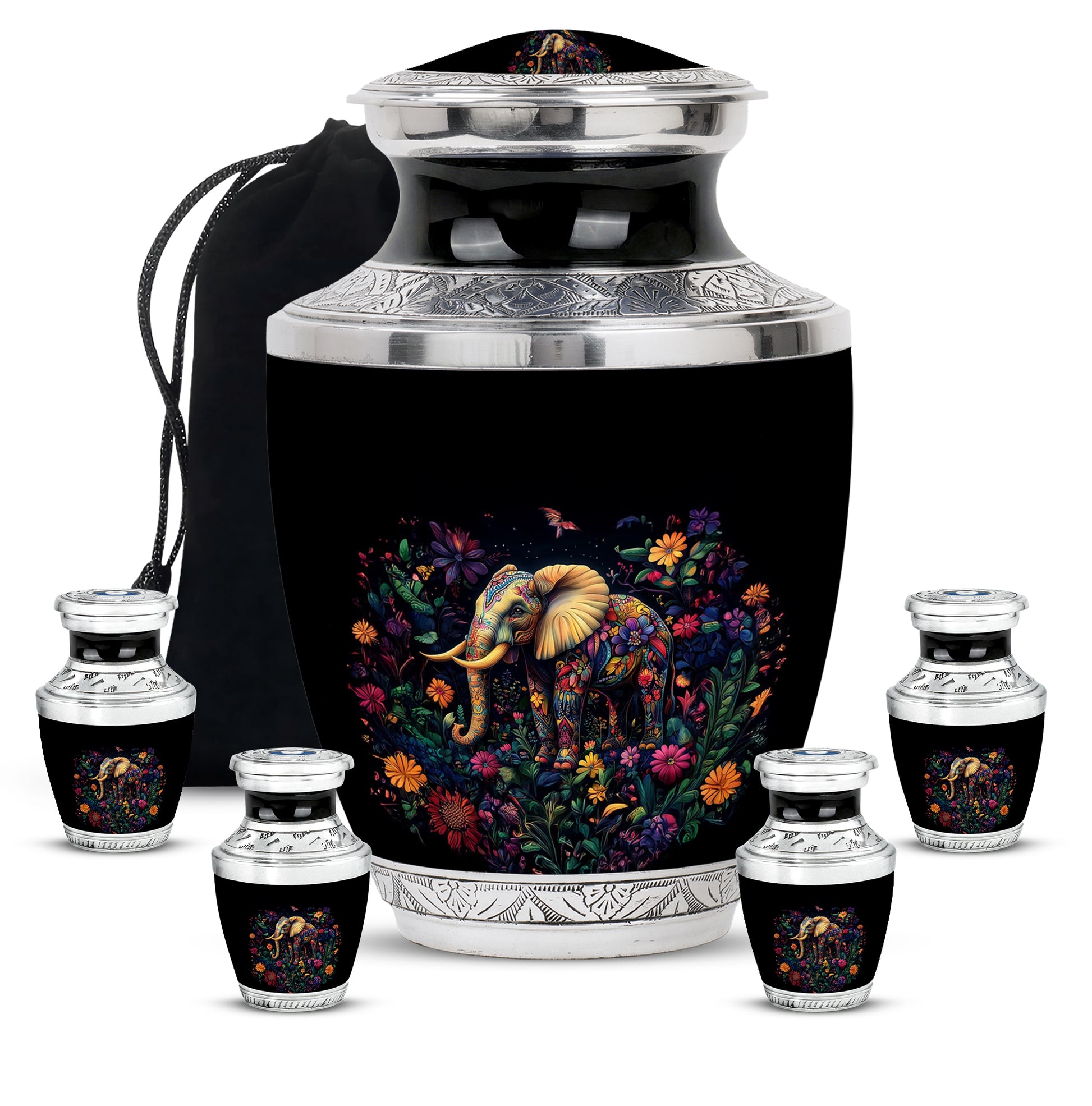 Dark Black Elephant Cremation Urn lifestyle display on memorial shelf - stylized abstract elephant pattern with bold lines - memorial set with one large and four small urns