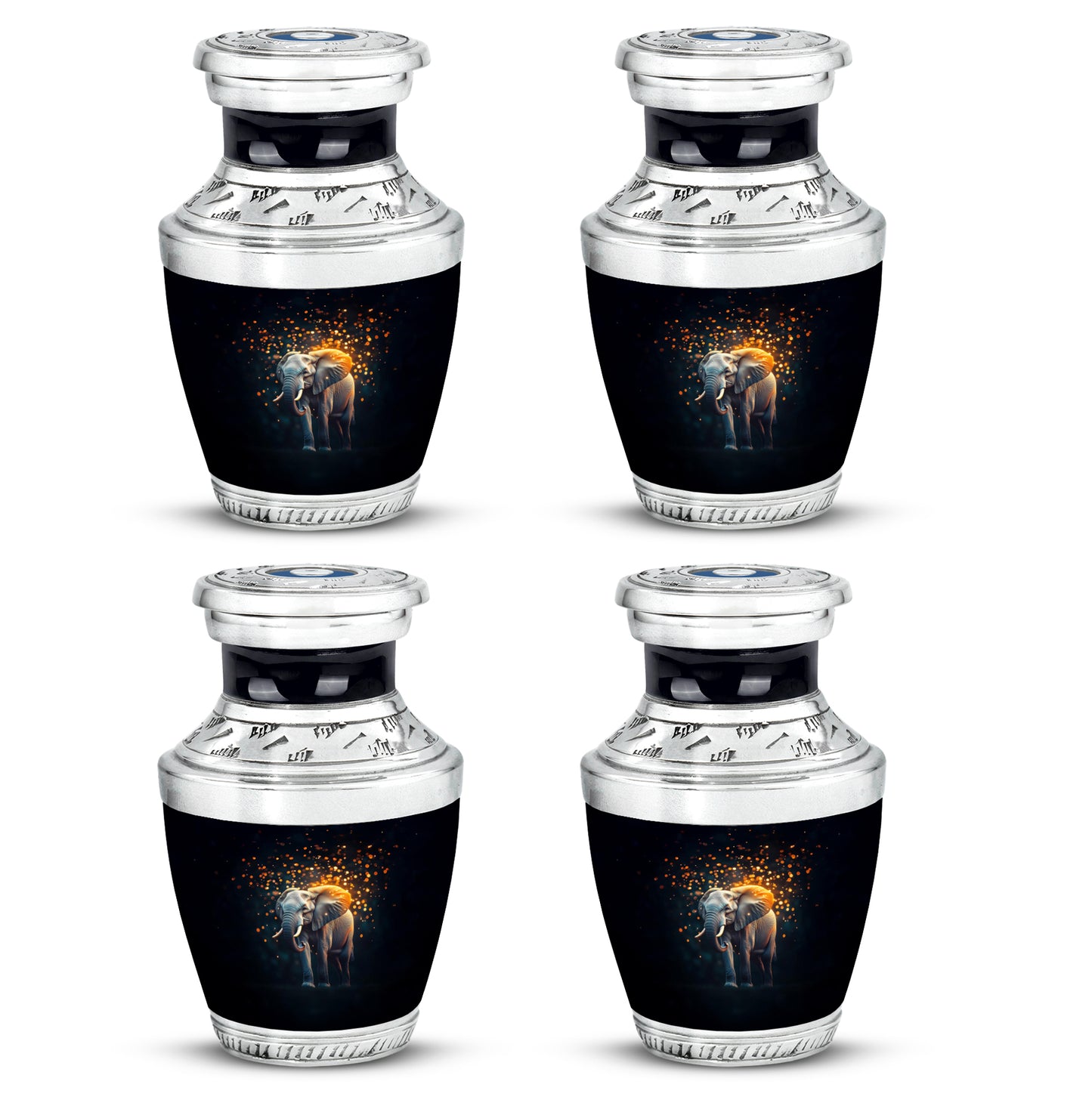 Obsidian Black Elephant Cremation Urn back view with polished surface - stylized abstract elephant pattern with bold lines - 10 inch aluminum urn for cremated remains