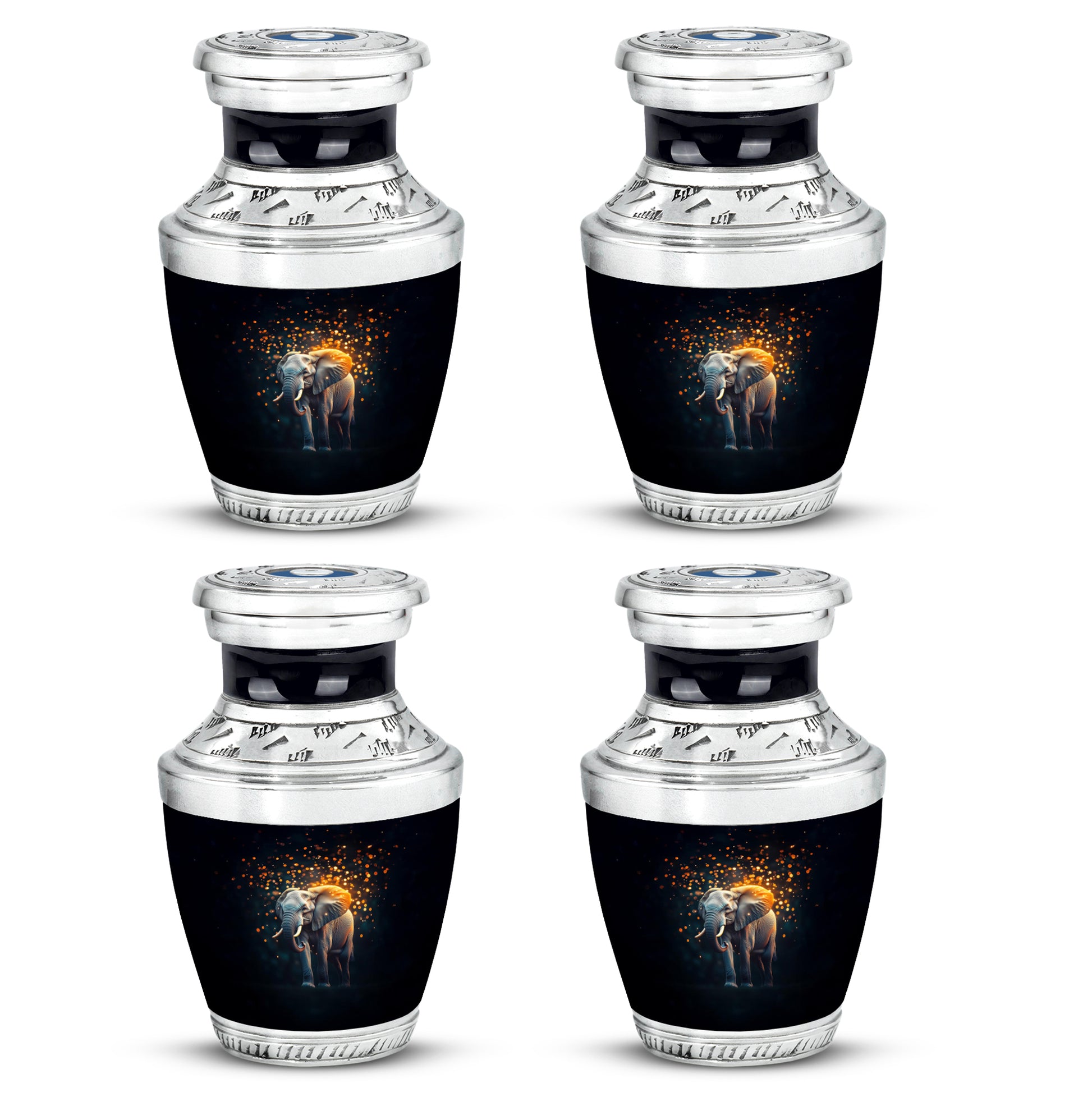 Obsidian Black Elephant Cremation Urn back view with polished surface - stylized abstract elephant pattern with bold lines - 10 inch aluminum urn for cremated remains