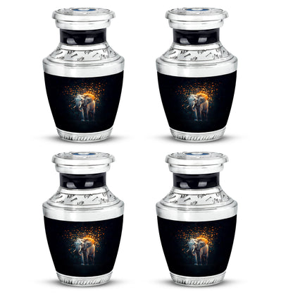 Obsidian Black Elephant Cremation Urn back view with polished surface - stylized abstract elephant pattern with bold lines - 10 inch aluminum urn for cremated remains