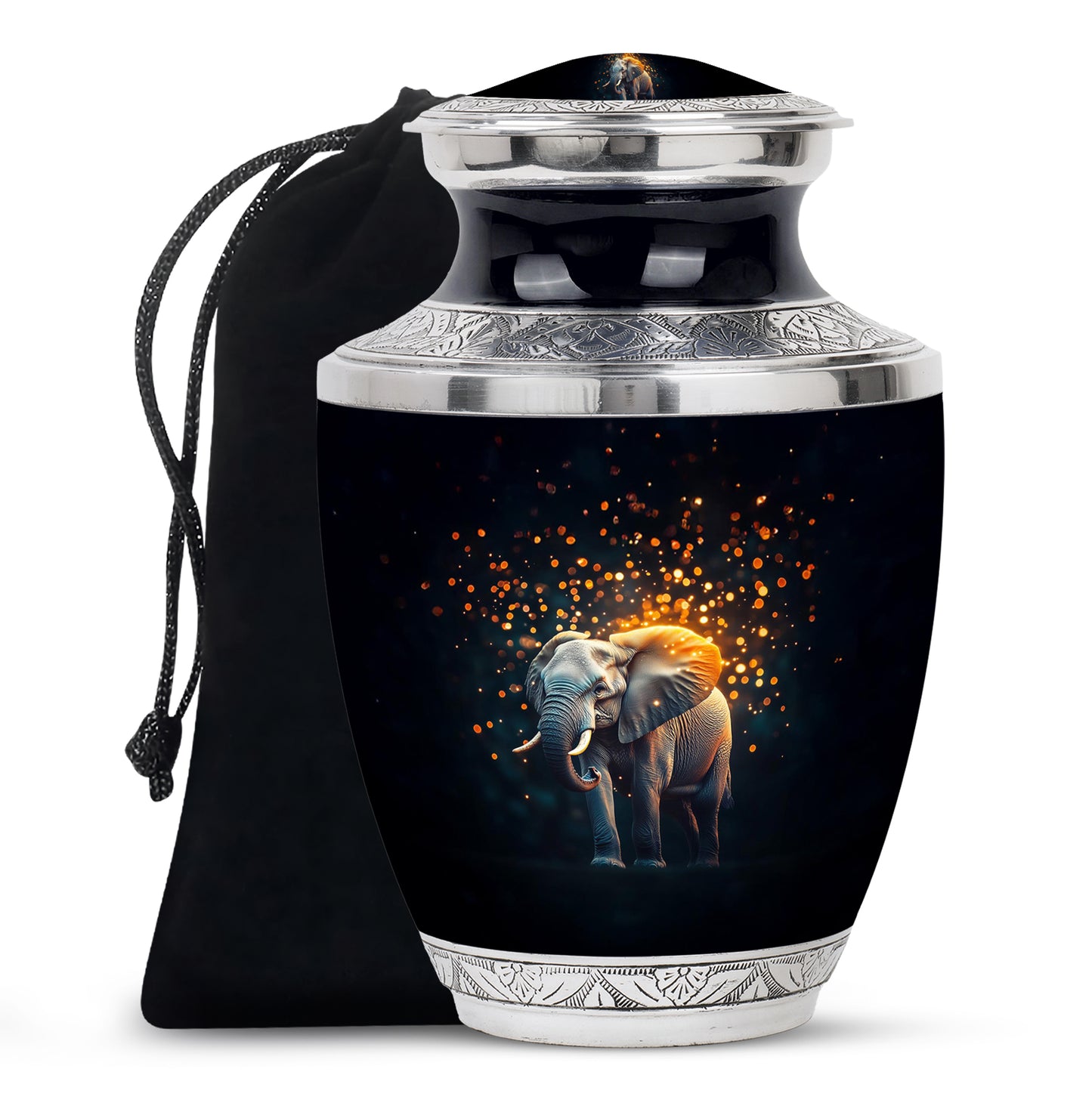 Jet Black Elephant Cremation Urn side profile showing urn shape - contemporary elephant design with modern artistic flair - full-size 10 inch 200 cubic inch adult cremation urn