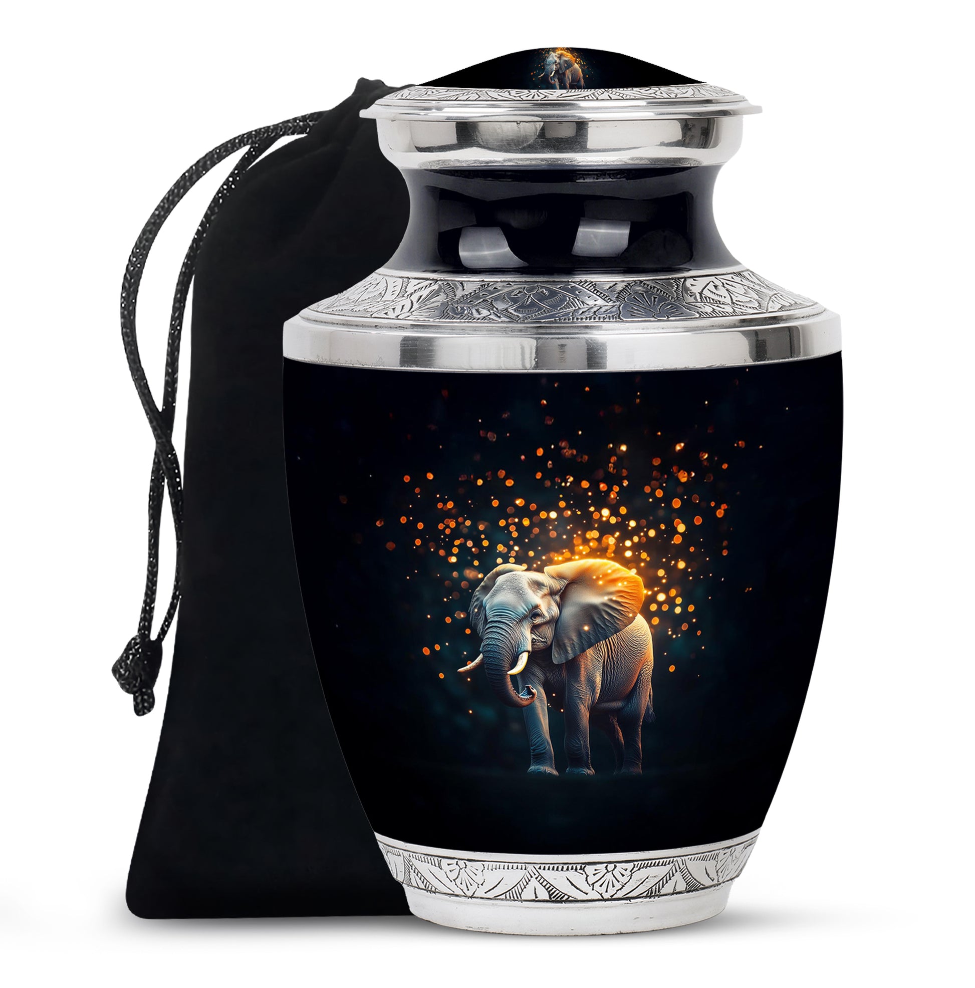 Jet Black Elephant Cremation Urn side profile showing urn shape - contemporary elephant design with modern artistic flair - full-size 10 inch 200 cubic inch adult cremation urn