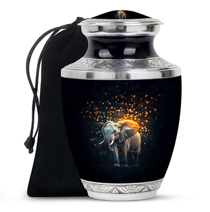 Jet Black Elephant Cremation Urn side profile showing urn shape - contemporary elephant design with modern artistic flair - full-size 10 inch 200 cubic inch adult cremation urn