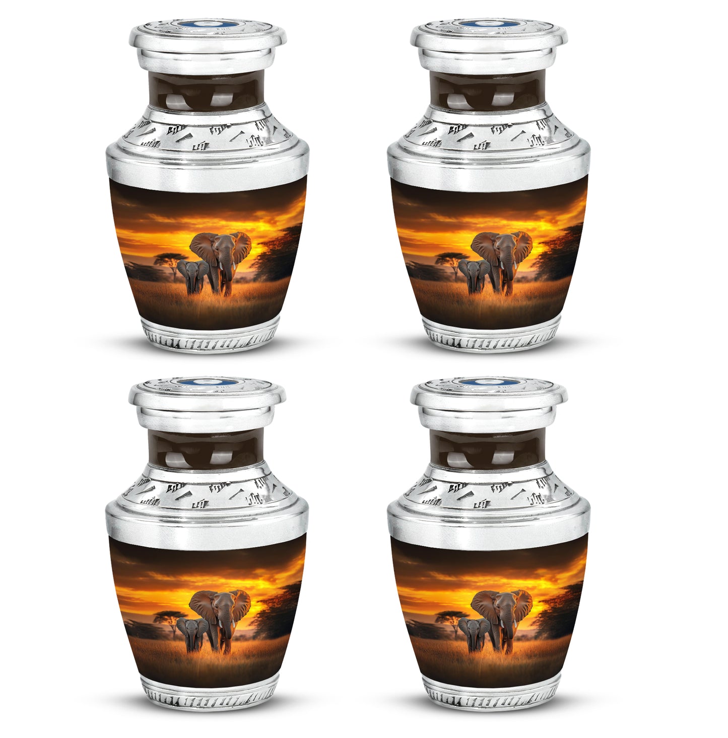 Burnished Gold Elephant Cremation Urn back view with polished surface - stylized abstract elephant pattern with bold lines - 10 inch aluminum urn for cremated remains