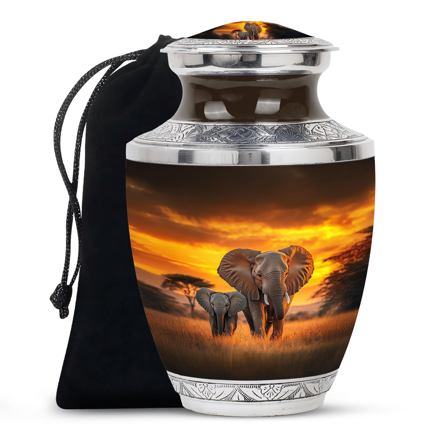 Burnished Gold Elephant Cremation Urn side profile showing urn shape - stylized abstract elephant pattern with bold lines - full-size 10 inch 200 cubic inch adult cremation urn