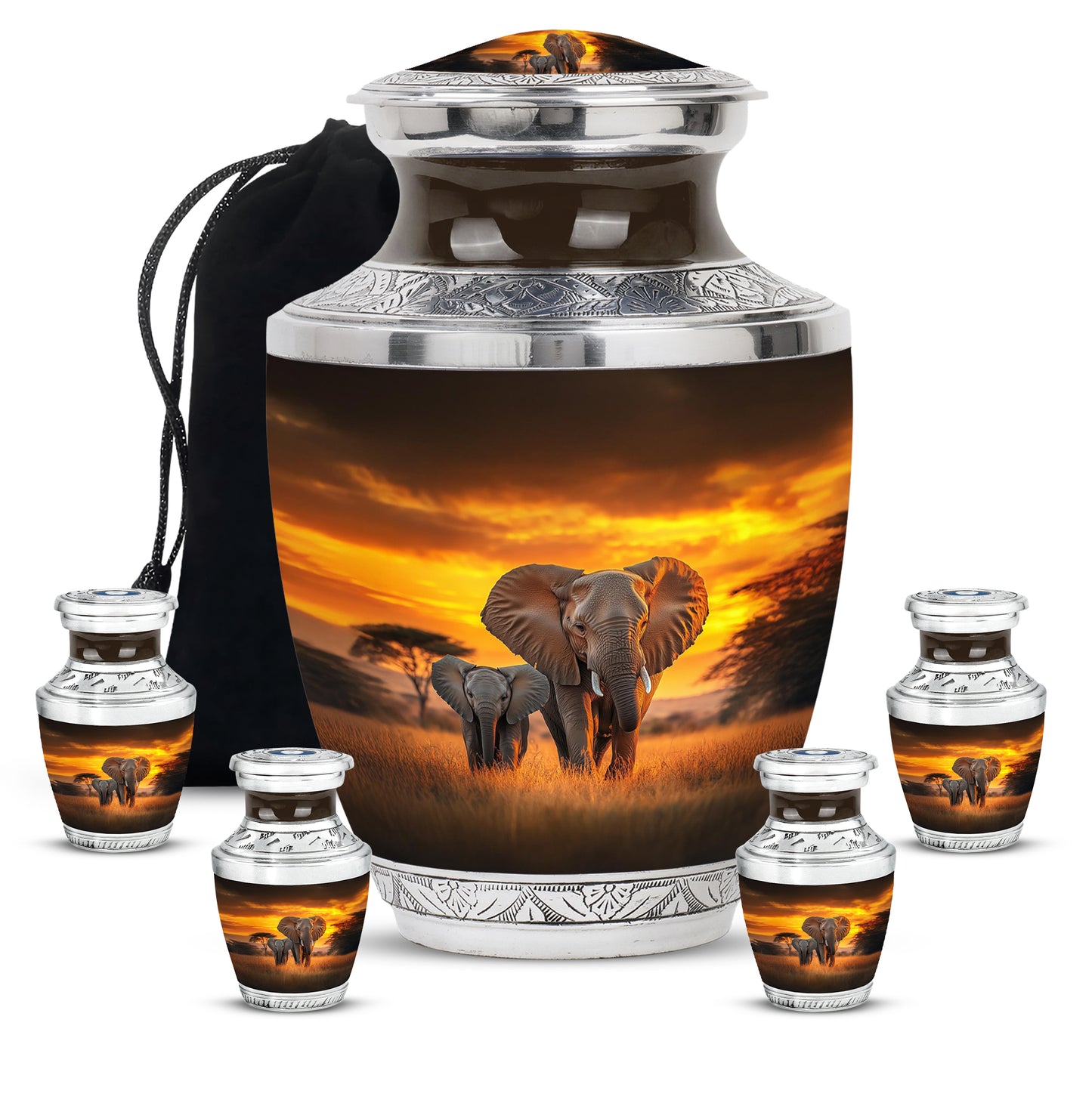 Antique Gold Elephant Cremation Urn lifestyle display on memorial shelf - contemporary elephant design with modern artistic flair - memorial set with one large and four small urns