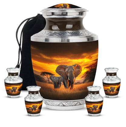 Antique Gold Elephant Cremation Urn lifestyle display on memorial shelf - contemporary elephant design with modern artistic flair - memorial set with one large and four small urns
