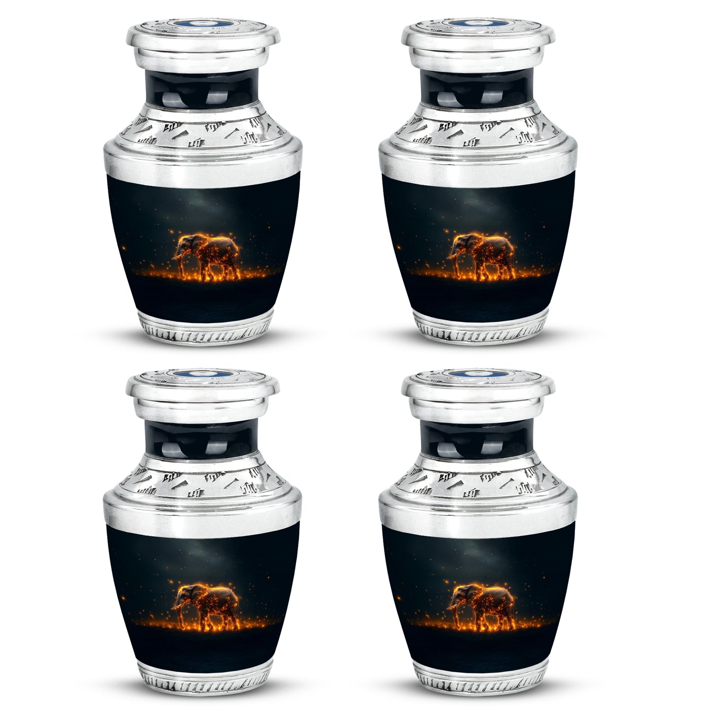 Tropical Teal Elephant Cremation Urn back view with polished surface - stylized abstract elephant pattern with bold lines - 10 inch aluminum urn for cremated remains