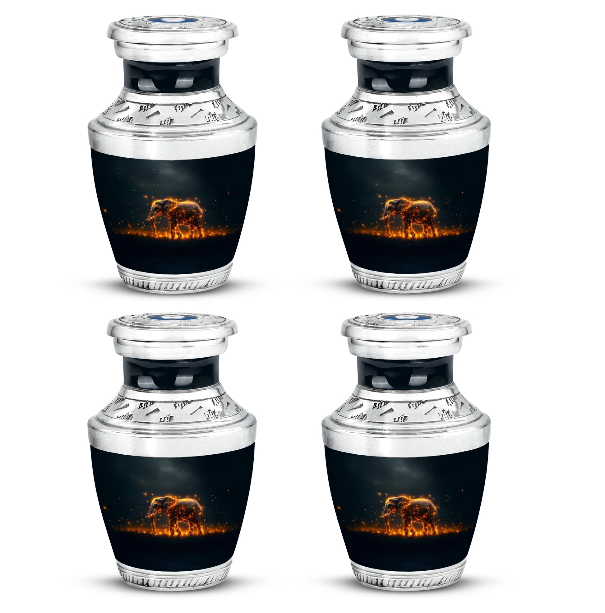 Tropical Teal Elephant Cremation Urn back view with polished surface - stylized abstract elephant pattern with bold lines - 10 inch aluminum urn for cremated remains