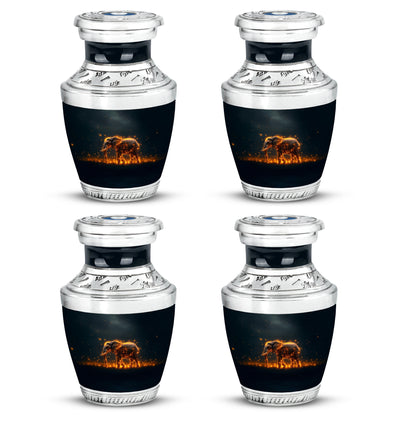 Tropical Teal Elephant Cremation Urn back view with polished surface - stylized abstract elephant pattern with bold lines - 10 inch aluminum urn for cremated remains