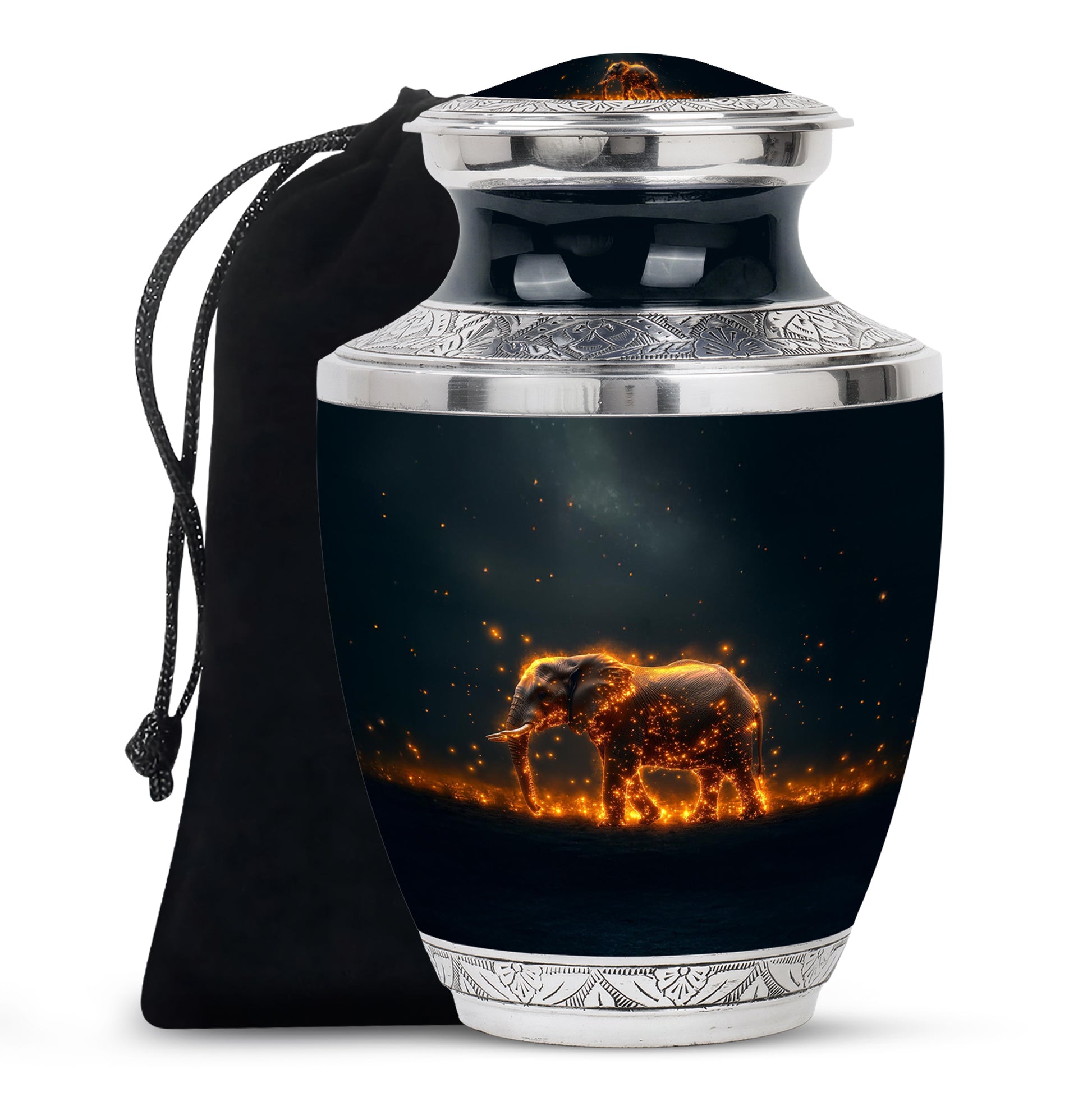 Ocean Teal Elephant Cremation Urn side profile showing urn shape - modern art-inspired elephant motif on sleek aluminum - full-size 10 inch 200 cubic inch adult cremation urn