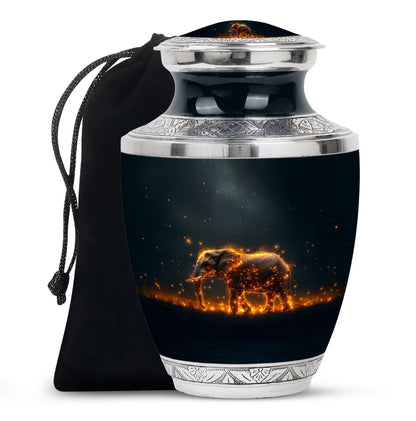 Ocean Teal Elephant Cremation Urn side profile showing urn shape - modern art-inspired elephant motif on sleek aluminum - full-size 10 inch 200 cubic inch adult cremation urn