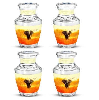 Harvest Gold Elephant Cremation Urn back view with polished surface - stylized abstract elephant pattern with bold lines - 10 inch aluminum urn for cremated remains