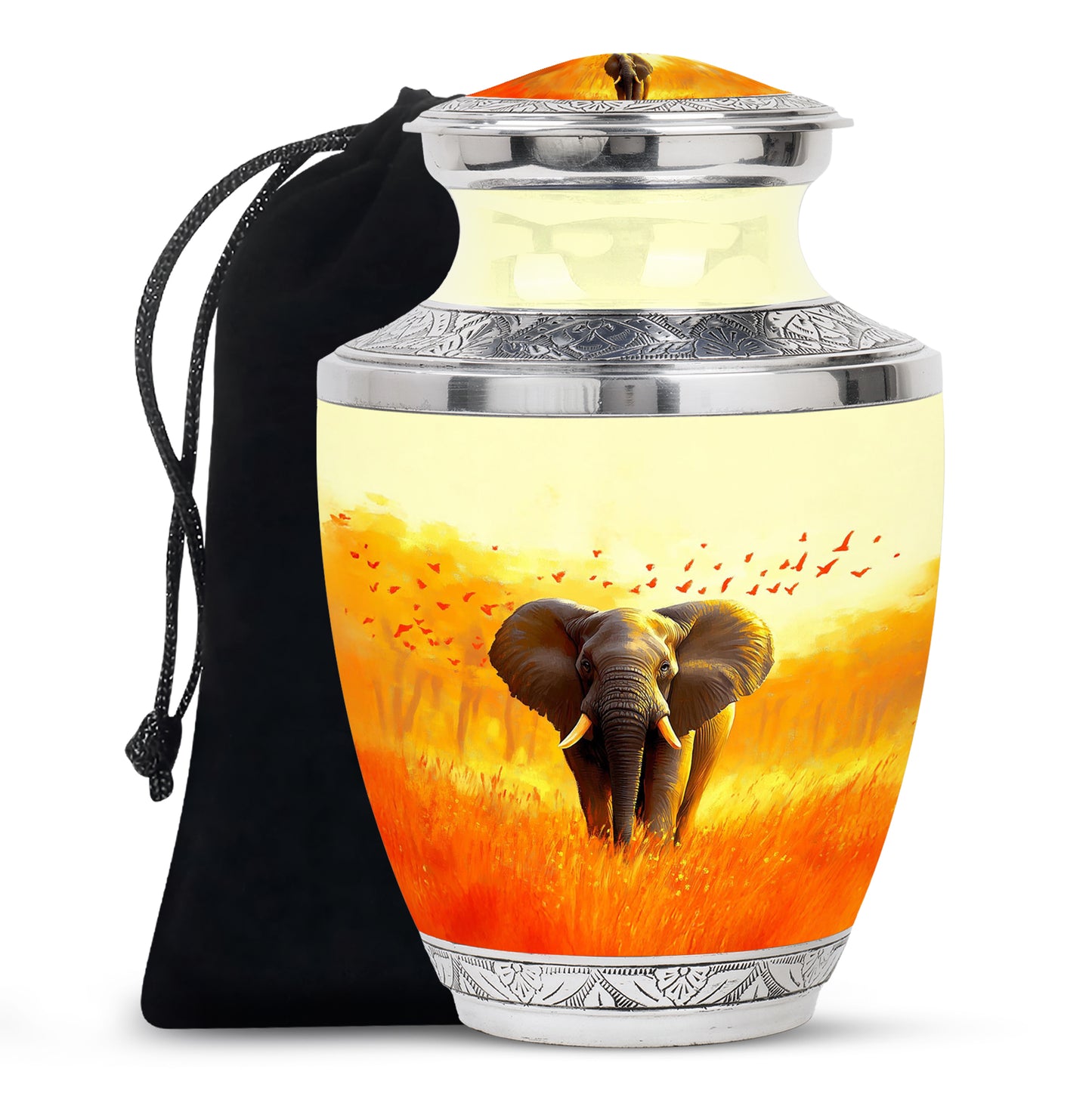 Amber Gold Elephant Cremation Urn side profile showing urn shape - modern art-inspired elephant motif on sleek aluminum - full-size 10 inch 200 cubic inch adult cremation urn