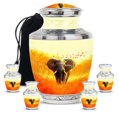 Matte Gold Elephant Cremation Urn lifestyle display on memorial shelf - stylized abstract elephant pattern with bold lines - memorial set with one large and four small urns