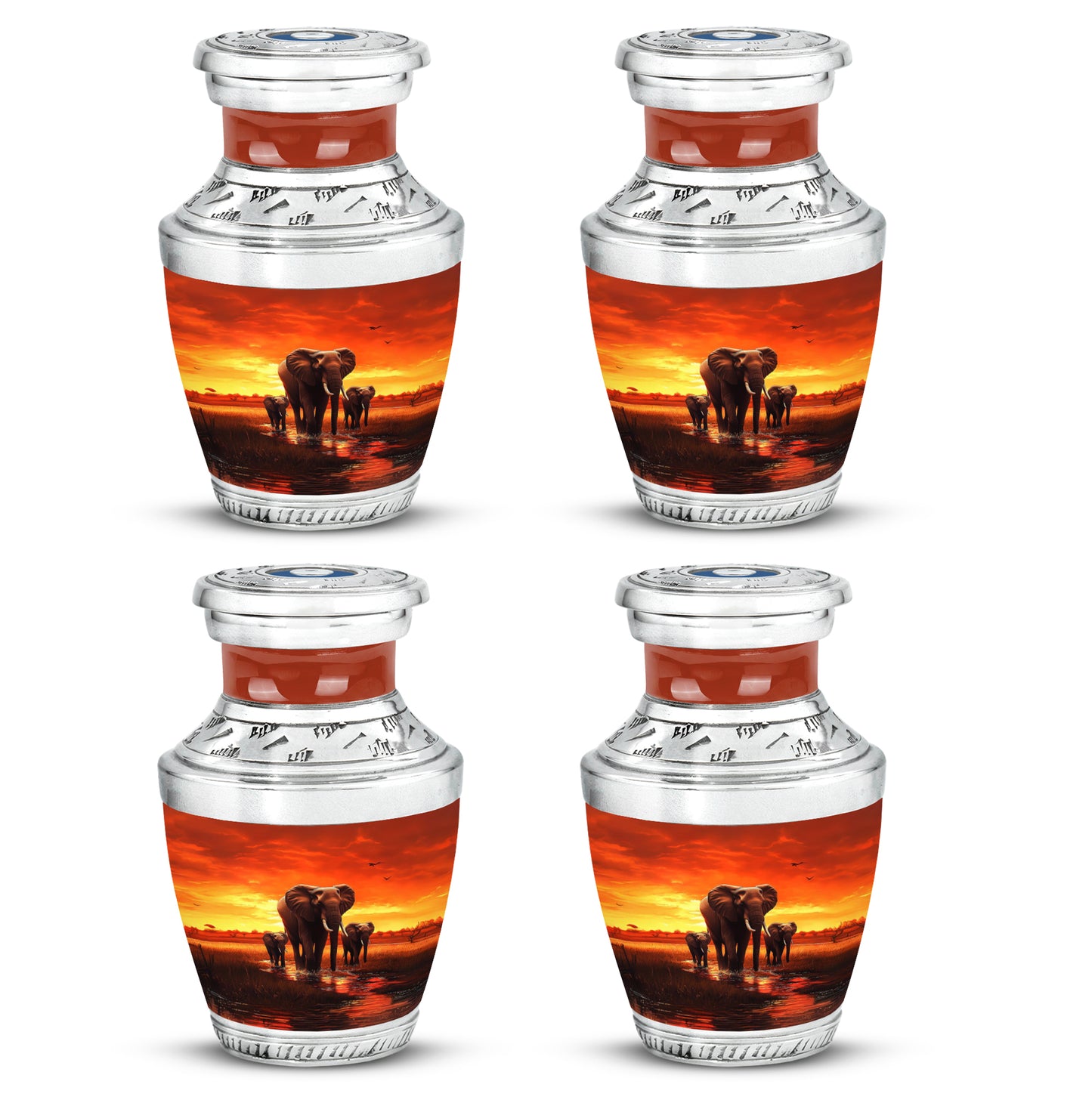 Cherry Red Elephant Cremation Urn back view with polished surface - stylized abstract elephant pattern with bold lines - 10 inch aluminum urn for cremated remains