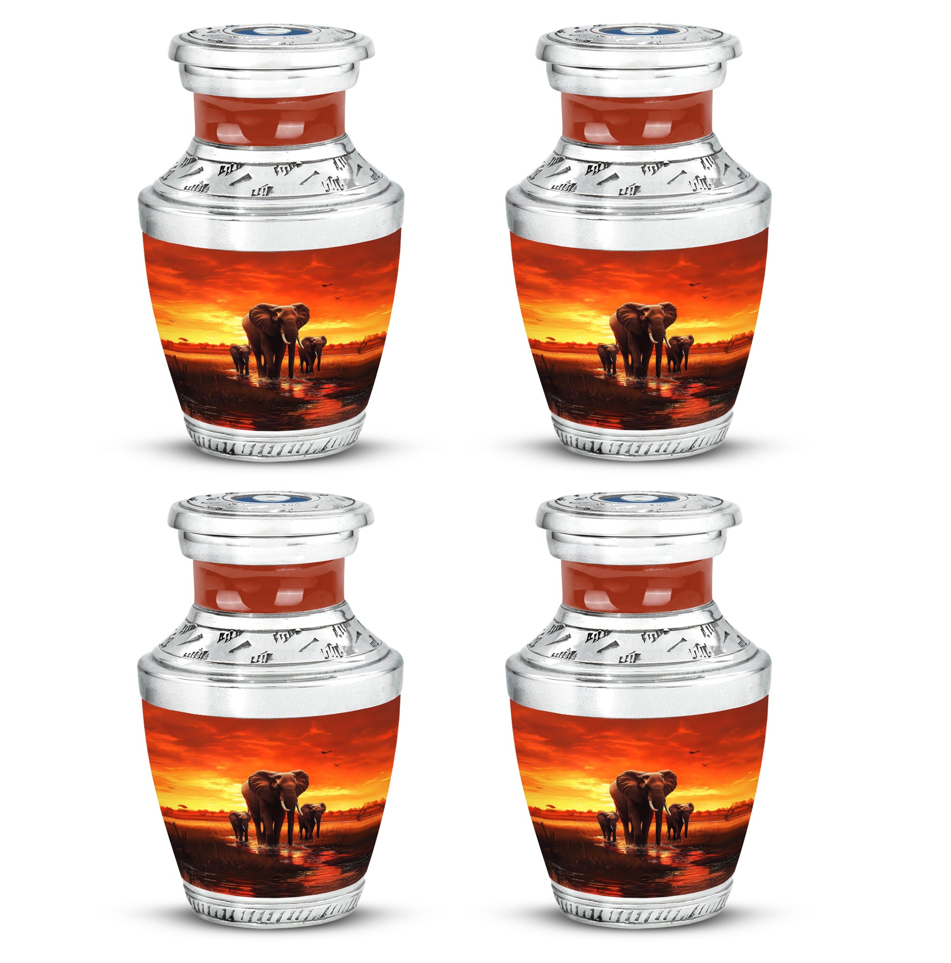 Cherry Red Elephant Cremation Urn back view with polished surface - stylized abstract elephant pattern with bold lines - 10 inch aluminum urn for cremated remains