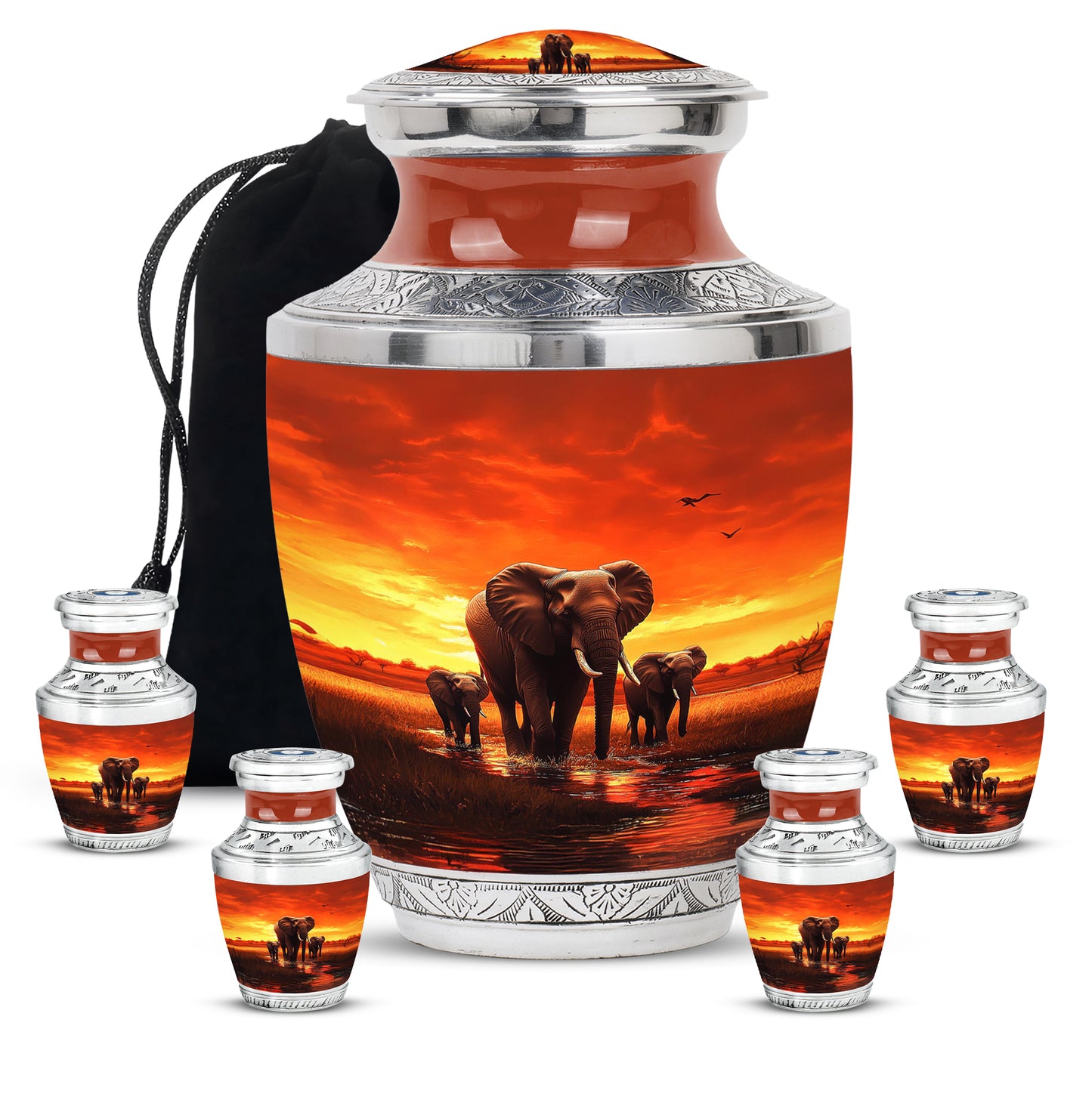 Ruby Red Elephant Cremation Urn lifestyle display on memorial shelf - artistic elephant interpretation with creative detail - memorial set with one large and four small urns