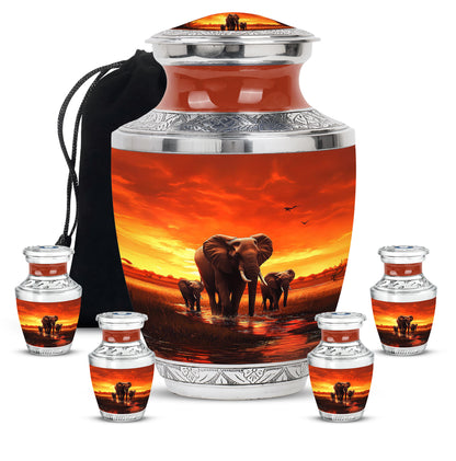 Ruby Red Elephant Cremation Urn lifestyle display on memorial shelf - artistic elephant interpretation with creative detail - memorial set with one large and four small urns