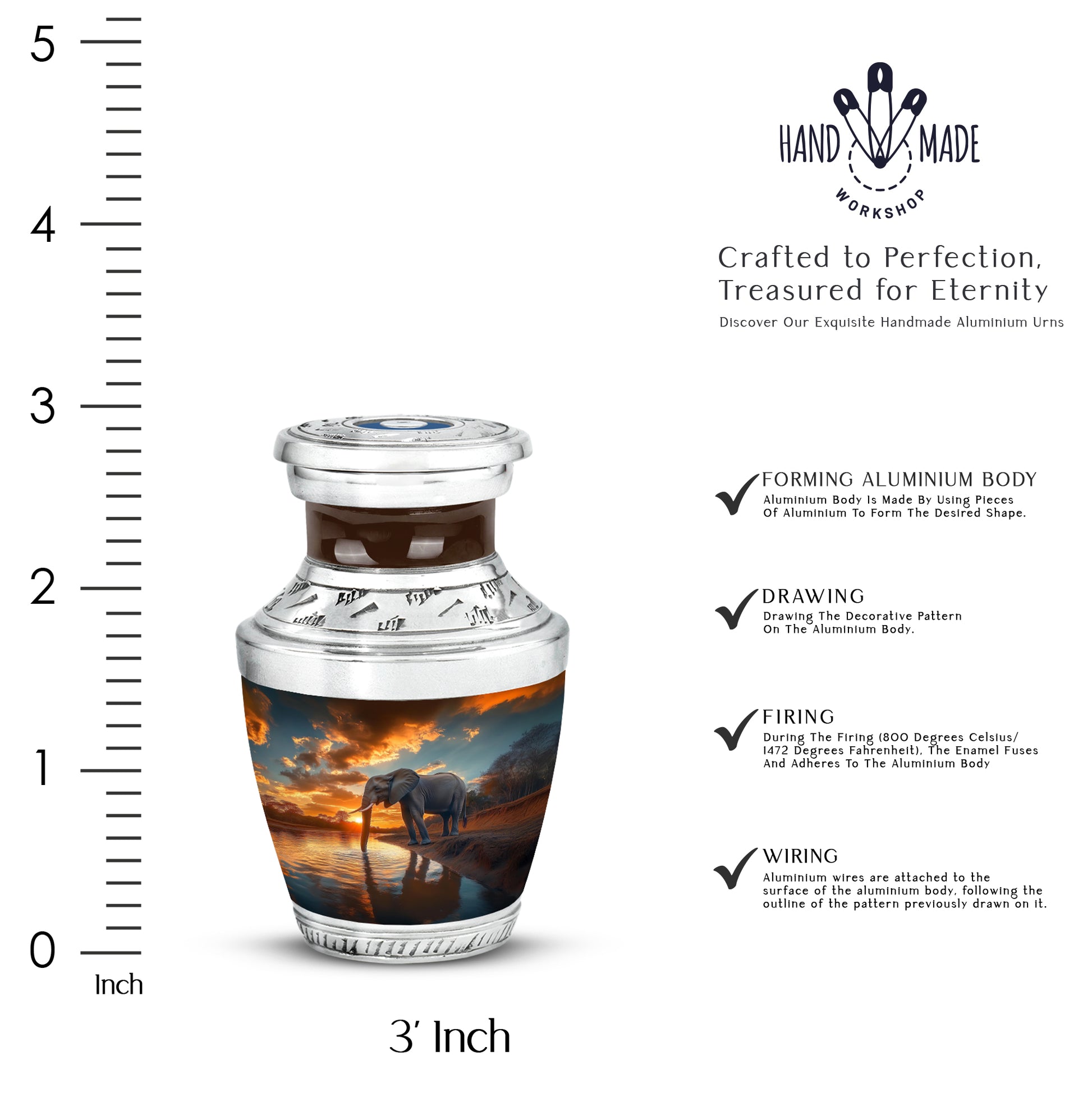 Deep Teal Elephant Cremation Urn top-down view of secure threaded lid - artistic elephant interpretation with creative detail - mini keepsake memorial for portion of cremation ashes