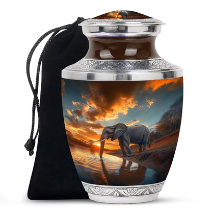 Soft Teal Elephant Cremation Urn side profile showing urn shape - modern art-inspired elephant motif on sleek aluminum - full-size 10 inch 200 cubic inch adult cremation urn