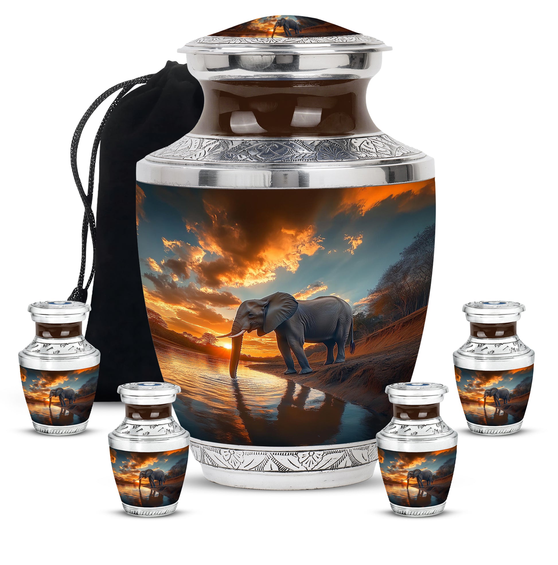 Aqua Teal Elephant Cremation Urn lifestyle display on memorial shelf - artistic elephant interpretation with creative detail - memorial set with one large and four small urns
