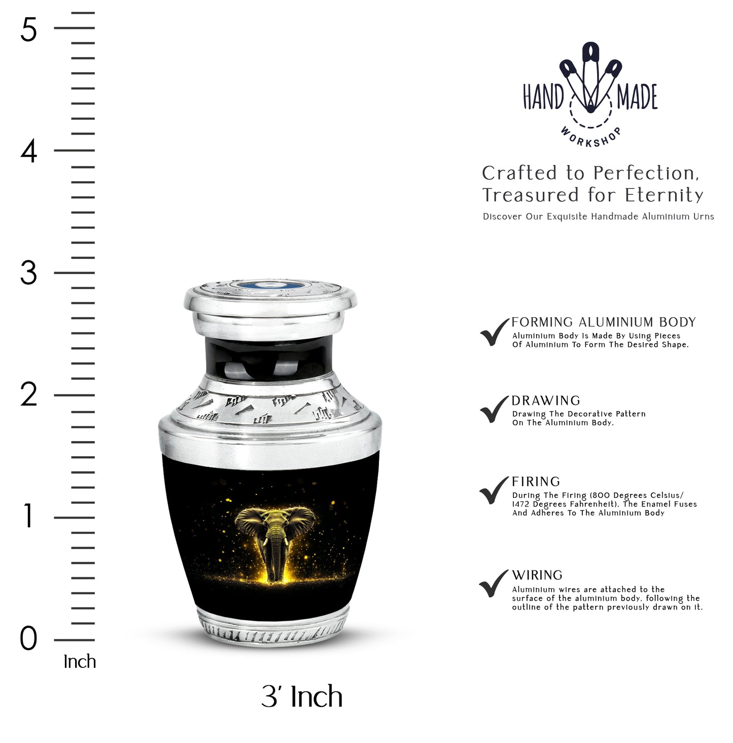 Charcoal Black Elephant Cremation Urn top-down view of secure threaded lid - stylized abstract elephant pattern with bold lines - mini keepsake memorial for portion of cremation ashes