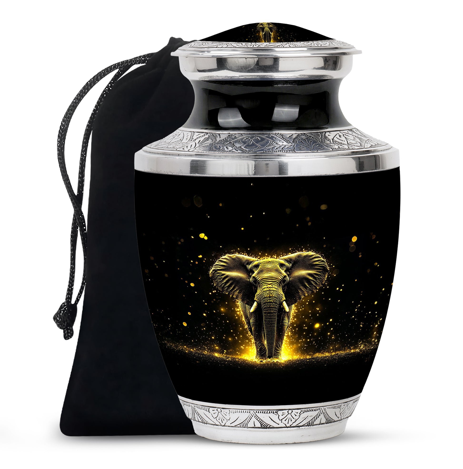 Charcoal Black Elephant Cremation Urn side profile showing urn shape - artistic elephant interpretation with creative detail - full-size 10 inch 200 cubic inch adult cremation urn