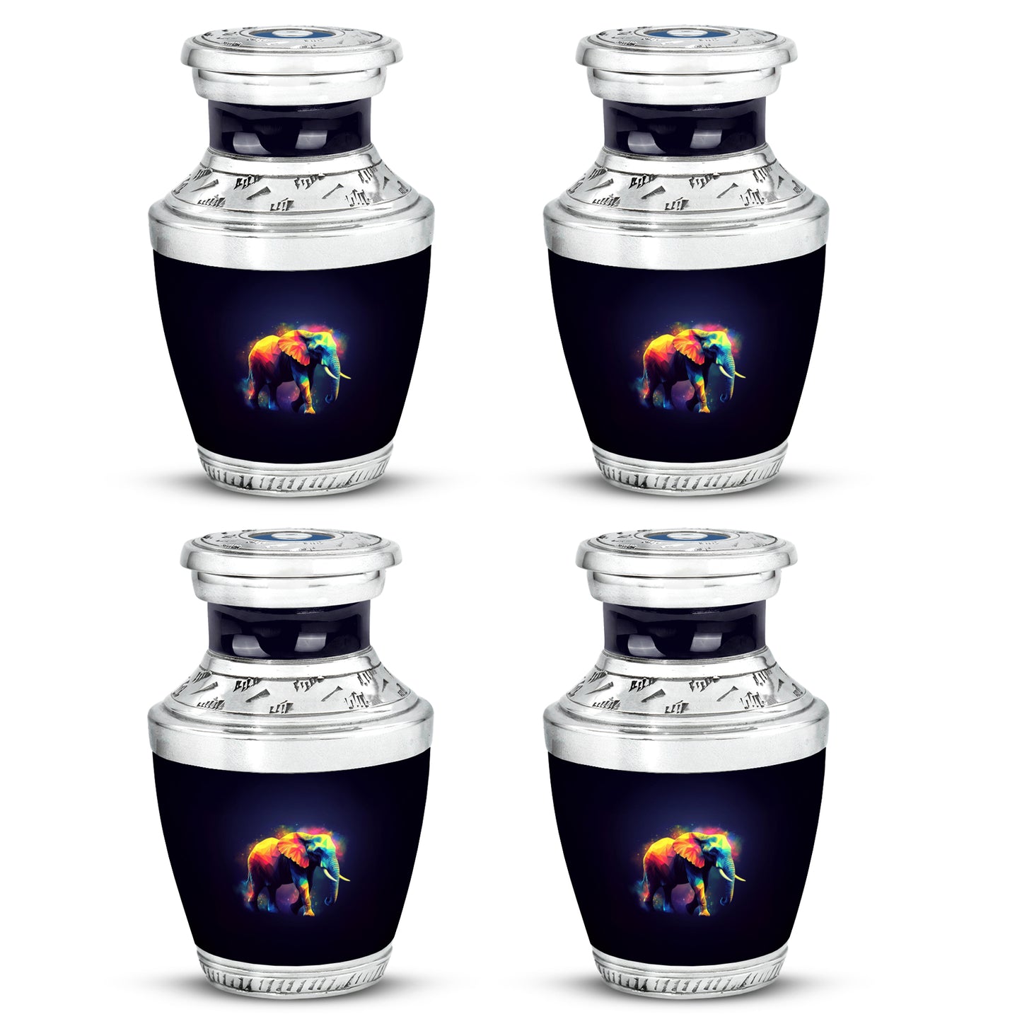 Dark Black Elephant Cremation Urn back view with polished surface - stylized abstract elephant pattern with bold lines - 10 inch aluminum urn for cremated remains
