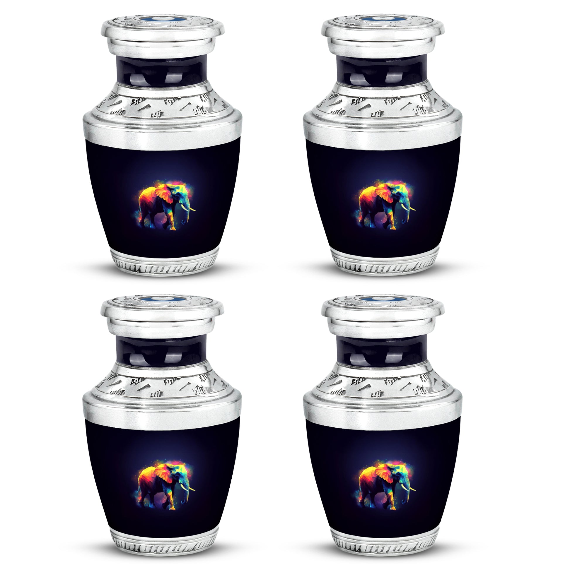 Dark Black Elephant Cremation Urn back view with polished surface - stylized abstract elephant pattern with bold lines - 10 inch aluminum urn for cremated remains