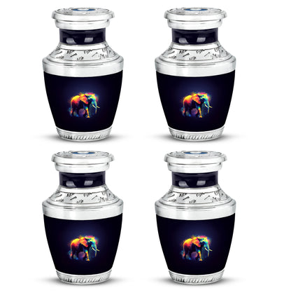 Dark Black Elephant Cremation Urn back view with polished surface - stylized abstract elephant pattern with bold lines - 10 inch aluminum urn for cremated remains