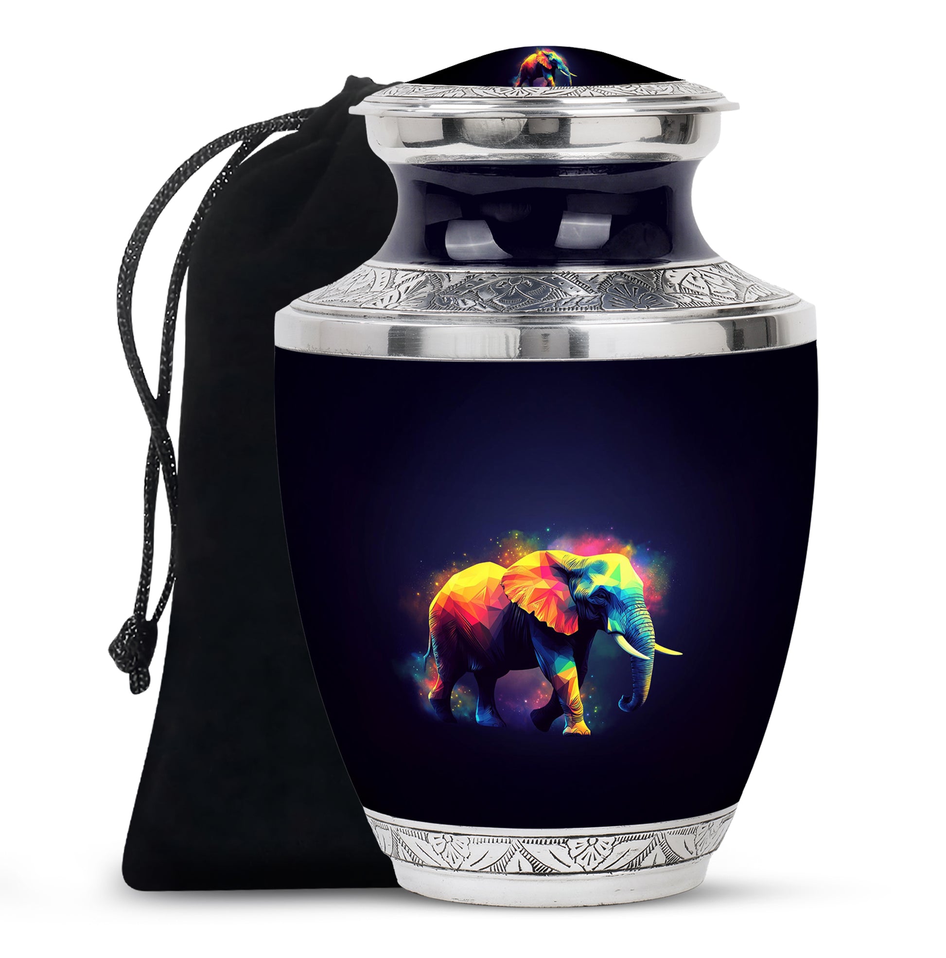 Glossy Black Elephant Cremation Urn side profile showing urn shape - contemporary elephant design with modern artistic flair - full-size 10 inch 200 cubic inch adult cremation urn