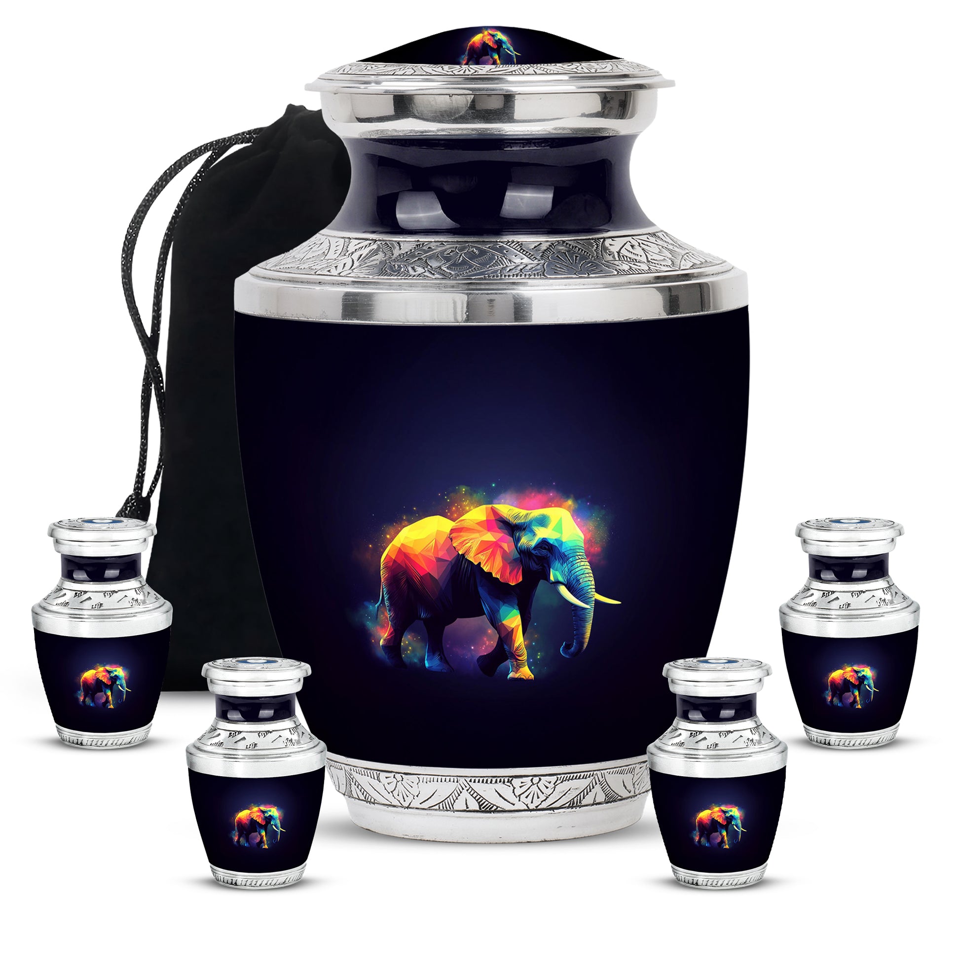 Glossy Black Elephant Cremation Urn lifestyle display on memorial shelf - contemporary elephant design with modern artistic flair - memorial set with one large and four small urns