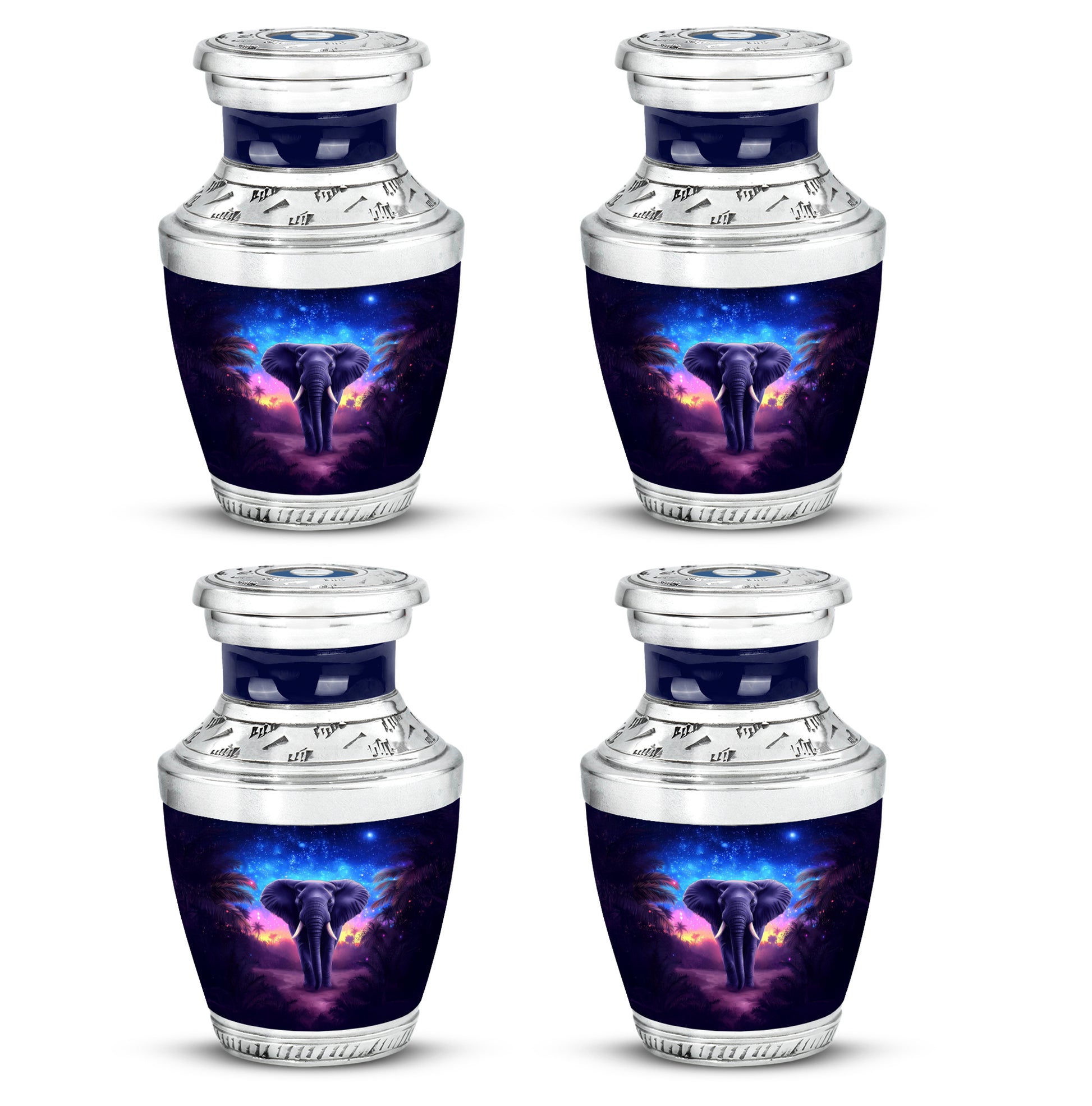 Serene Blue Elephant Cremation Urn back view with polished surface - artistic elephant interpretation with creative detail - 10 inch aluminum urn for cremated remains