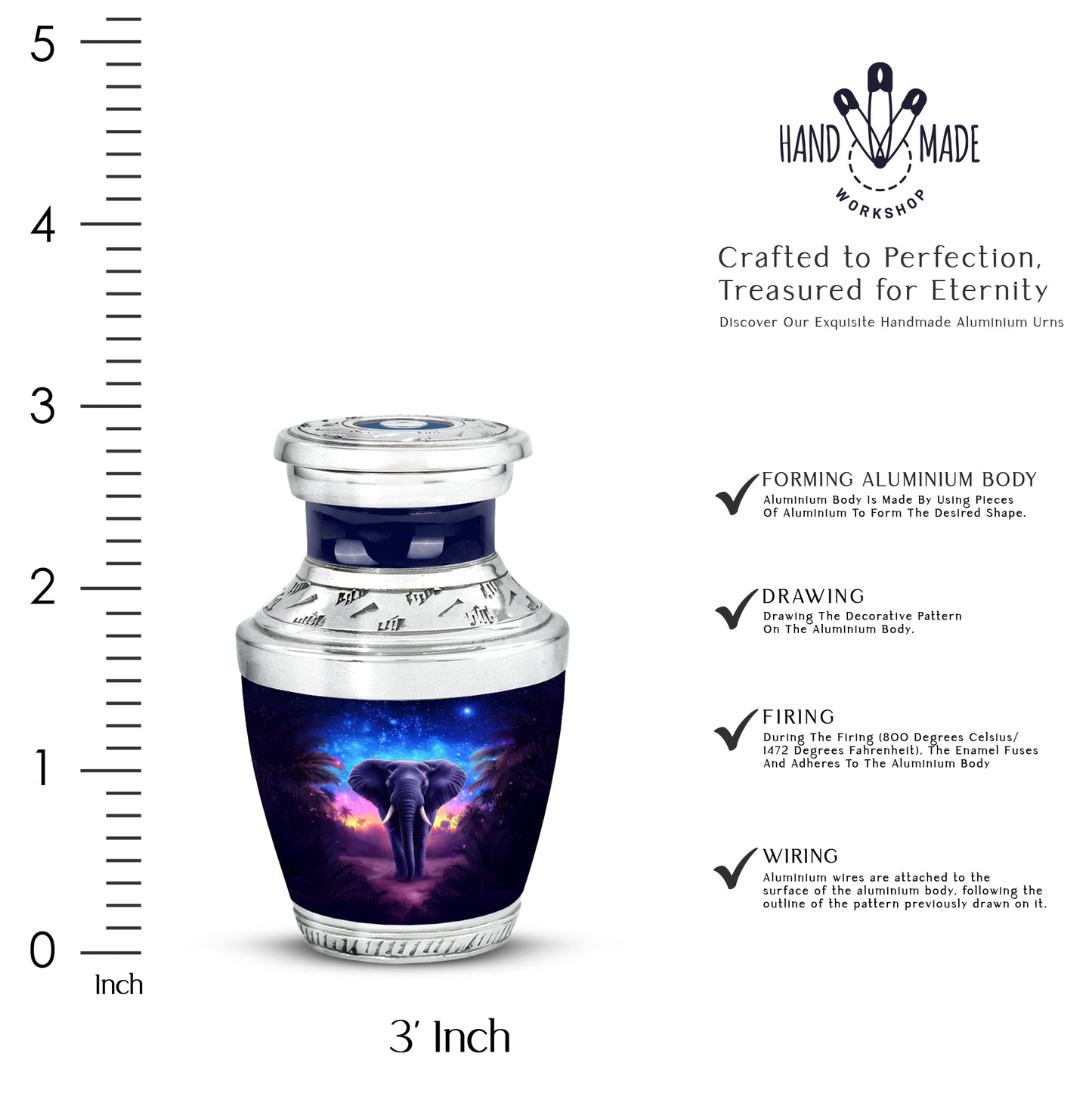 Bright Blue Elephant Cremation Urn top-down view of secure threaded lid - artistic elephant interpretation with creative detail - mini keepsake memorial for portion of cremation ashes
