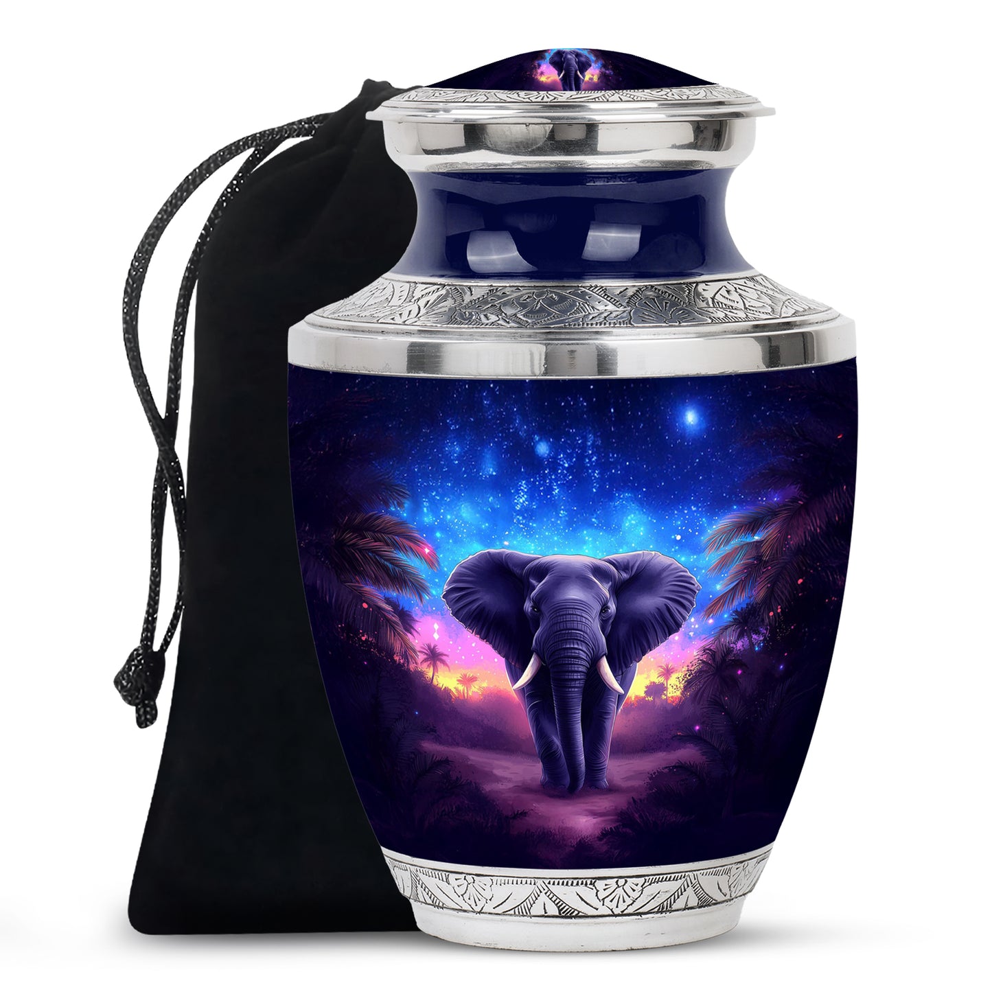 Vivid Blue Elephant Cremation Urn side profile showing urn shape - stylized abstract elephant pattern with bold lines - full-size 10 inch 200 cubic inch adult cremation urn