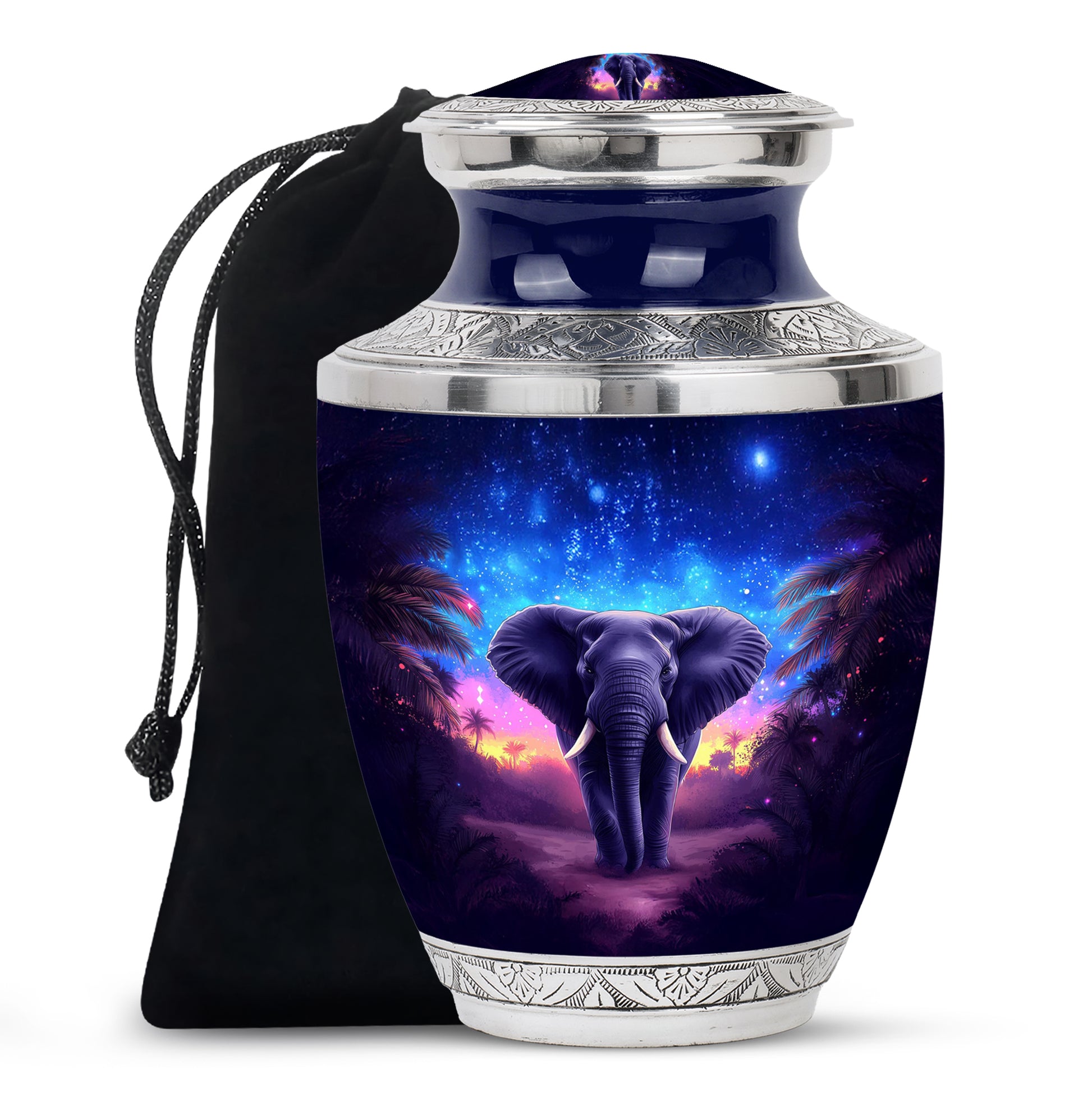 Vivid Blue Elephant Cremation Urn side profile showing urn shape - stylized abstract elephant pattern with bold lines - full-size 10 inch 200 cubic inch adult cremation urn